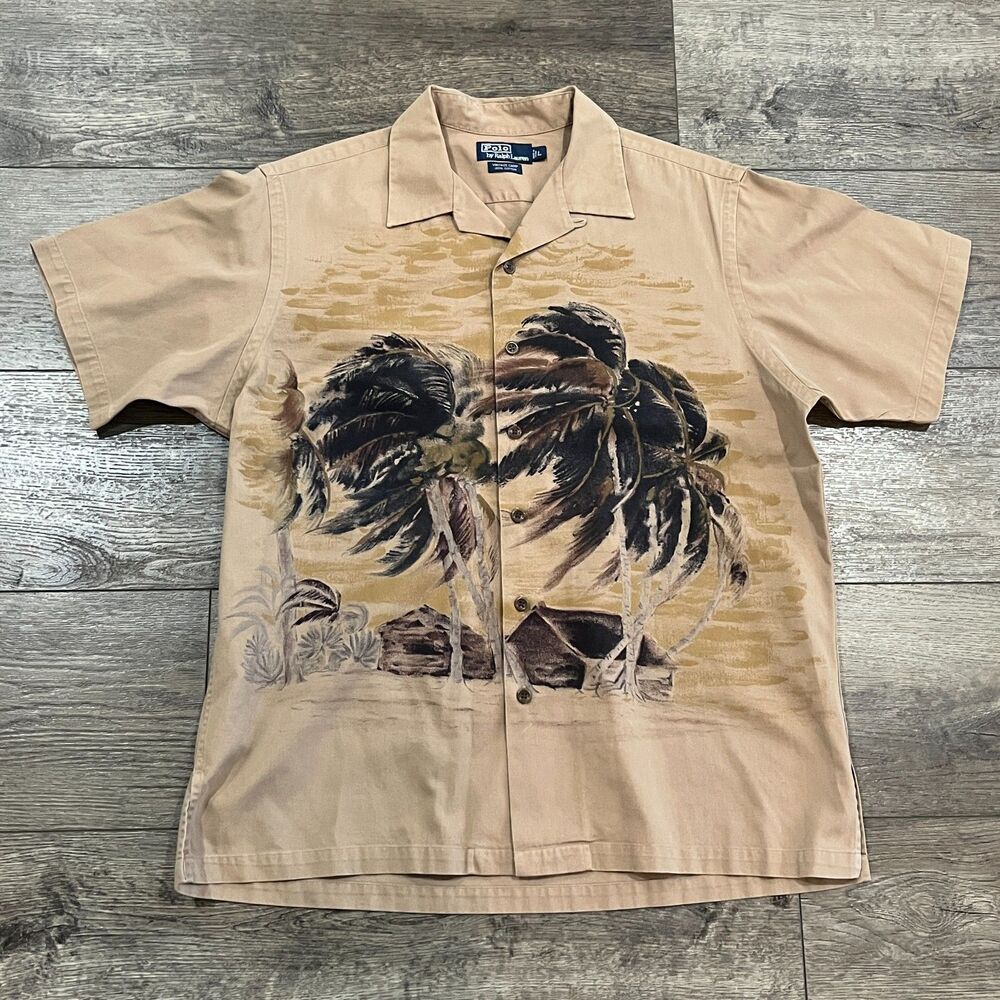 Vintage Y2K Polo Ralph Lauren Camp Shirt AOP All Over Palm Trees Aloha Mens L/XL